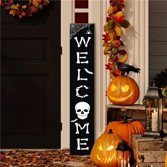 Halloween Welcome Sign Skull Front Door Hanging Decor Wooden Vertical Indoor - Picture 1 of 8